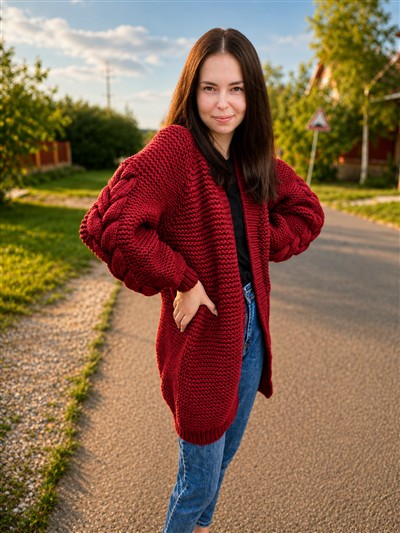 Burgundy Cable-Sleeve Cardigan