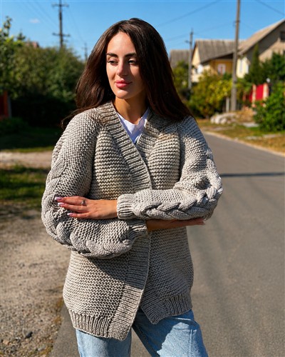 Beige Cable-Sleeve Cardigan