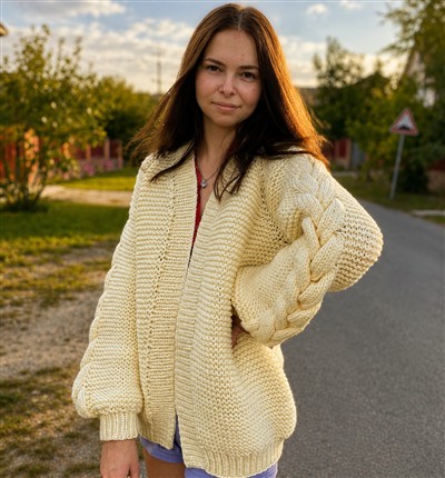 Cream Cable-Sleeve Cardigan