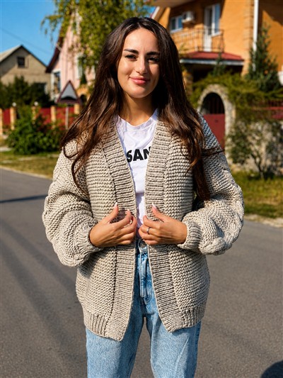 Beige Balloon-Sleeve Cardigan