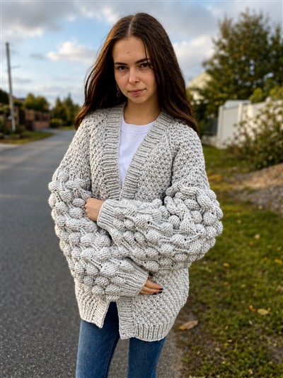 Grey Bubble-Sleeve Cardigan