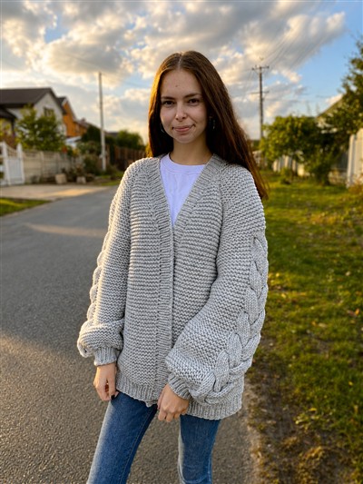 Light Grey Cable-Sleeve Cardigan
