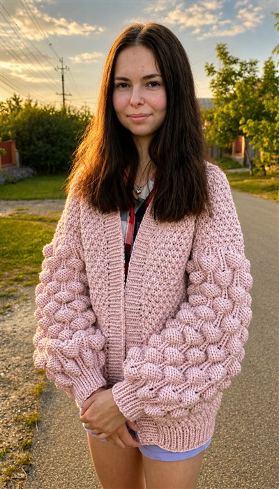 Blush Bubble-Sleeve Cardigan