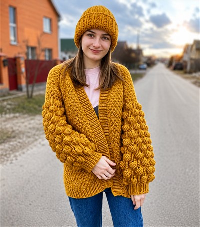 Mustard Bubble-Sleeve Cardigan