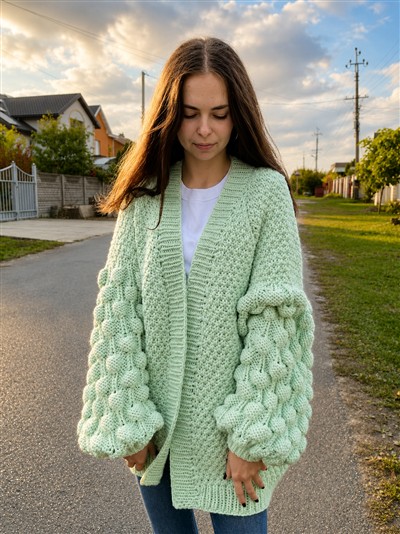 Mint Bubble-Sleeve Cardigan